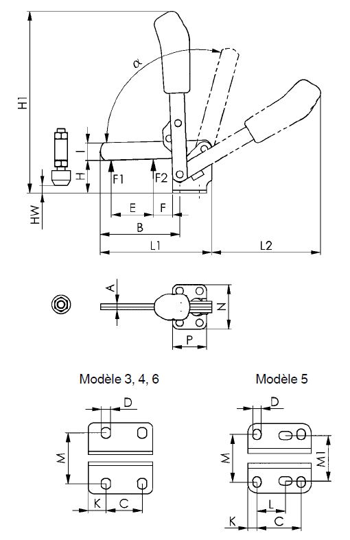 dessin technique sauterelle de bridage verticale à souder amf 6804
